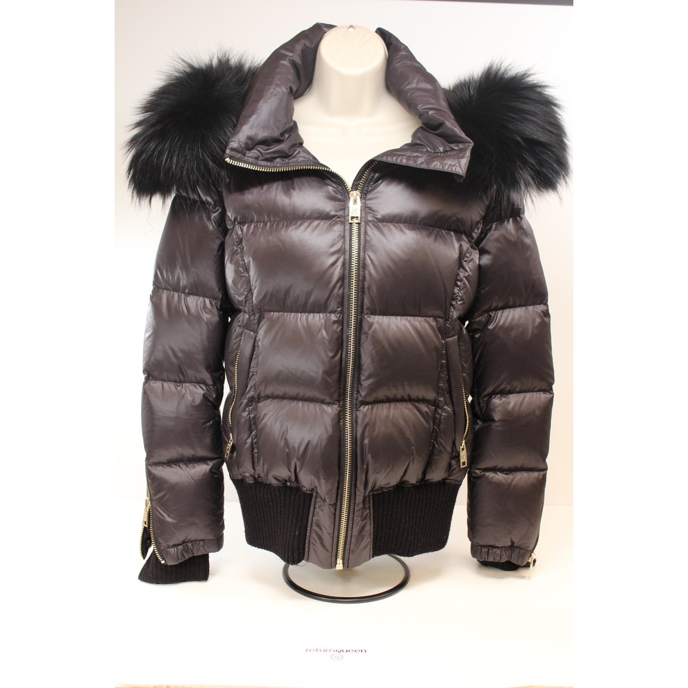 Brown fur-trim hooded puffer jacket